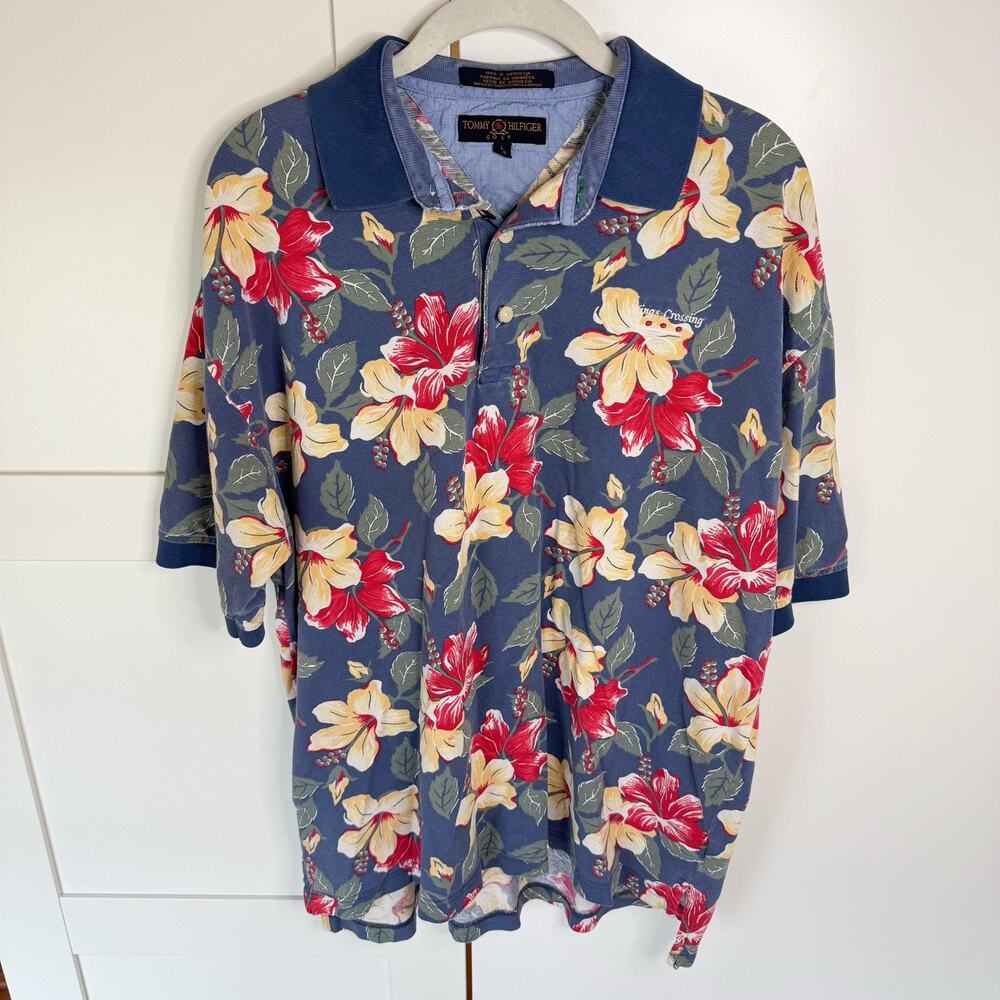 Tommy Hilfiger Hawaiian Print Golf Polo Mens LARGE Floral Vintage